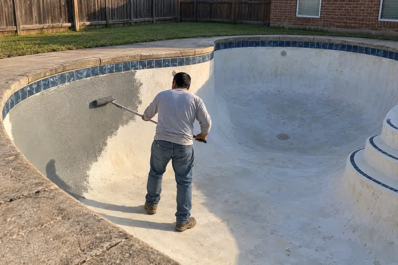 Bond coat rolled onto old plaster in a drained pool