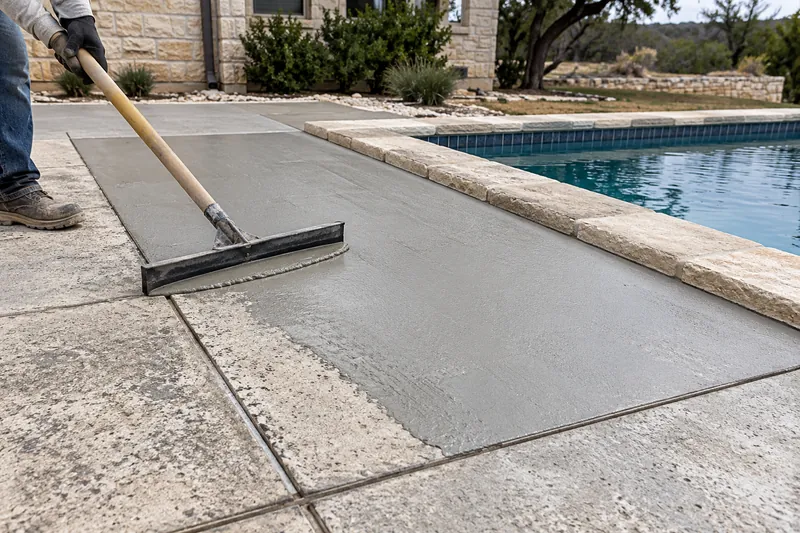 Cement resurfacer spread with a squeegee over a worn pool deck