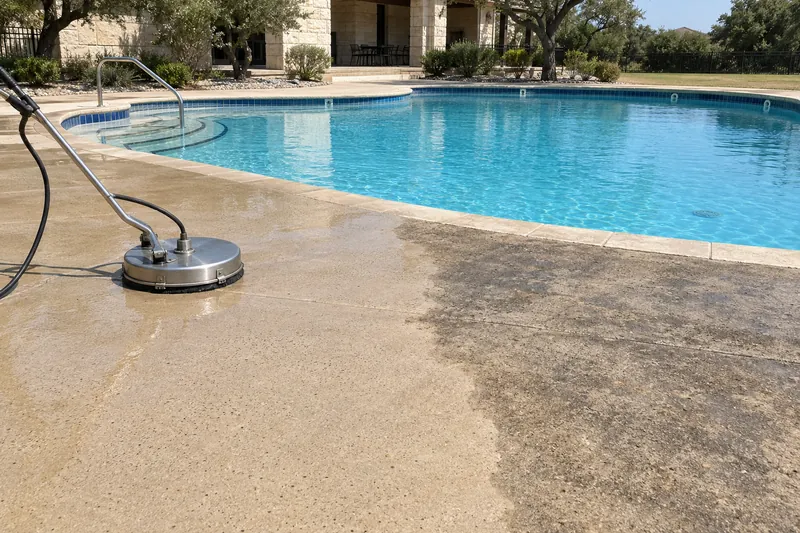 Community pool deck being pressure washed to prepare for a coating