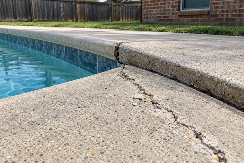 Cracked, settled pool deck slab with an open joint at the coping