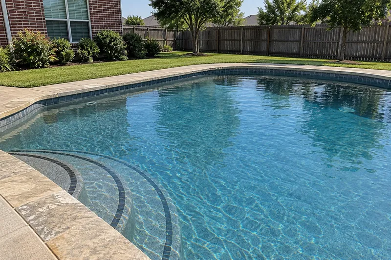 Backyard pool with a dark gray-blue quartz finish and deep blue water