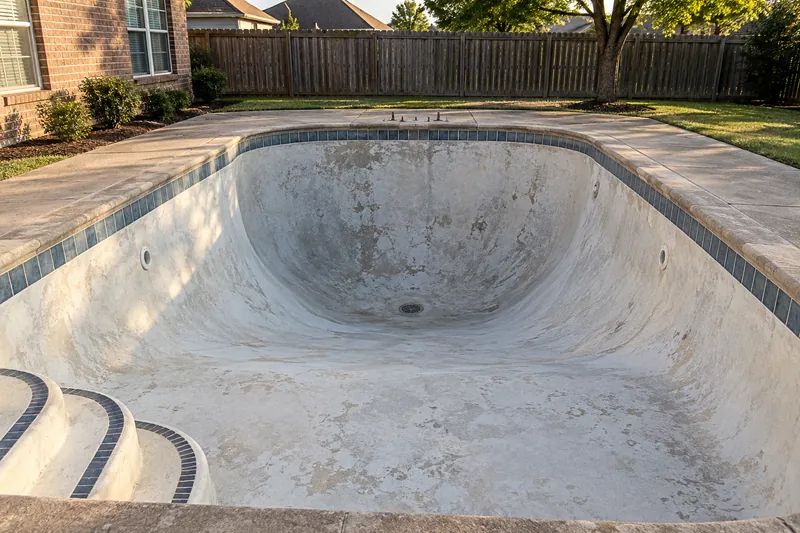 Steep deep end of a drained older diving pool, its board removed