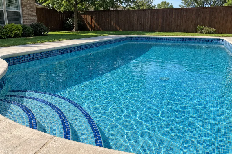 Pool interior covered in blue and aqua glass mosaic tile