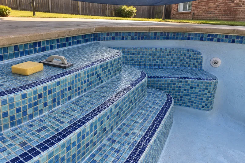 Glass mosaic tile covering the steps of a drained pool
