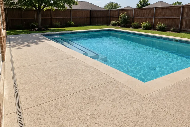 Light tan knockdown-textured pool deck around a backyard pool