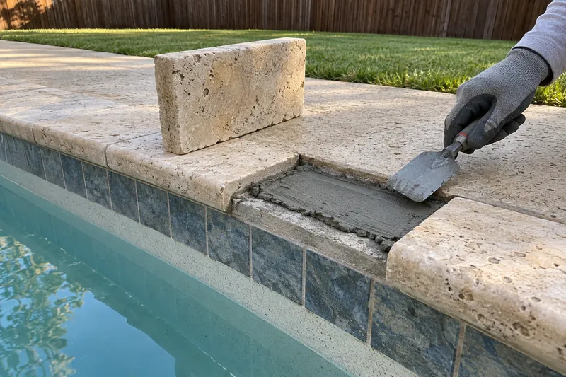 Loose coping stone lifted off for resetting on fresh mortar