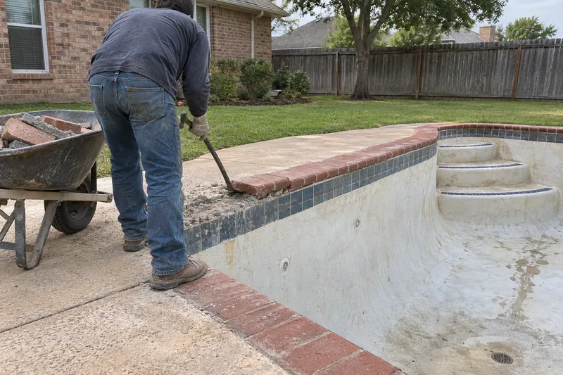 Old brick coping being pried off a pool's bond beam