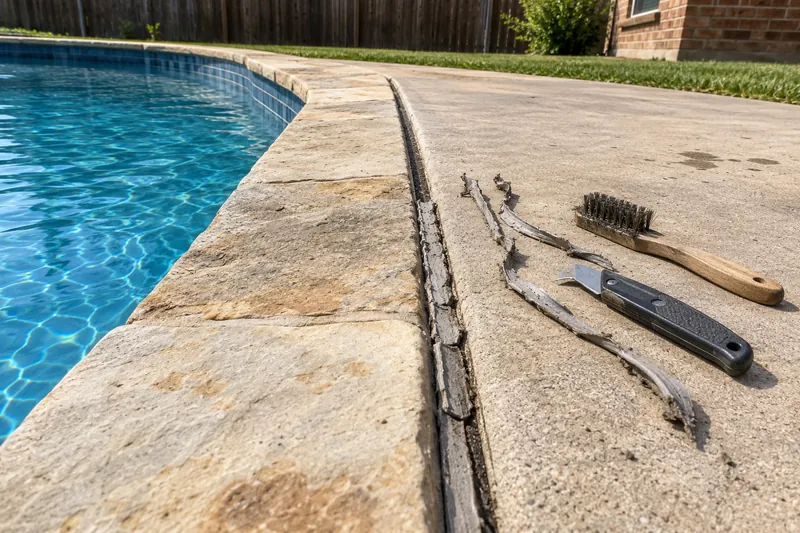 Old mastic being cut out of the joint between pool coping and deck