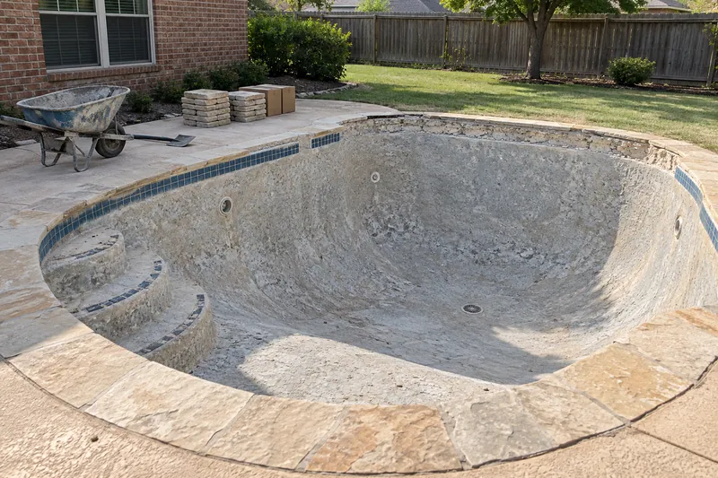 Older pool stripped to bare gunite, its coping coming off for a remodel