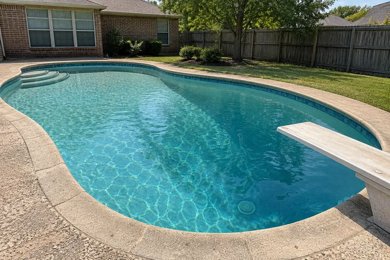 Older backyard pool with a diving board over a steep deep end