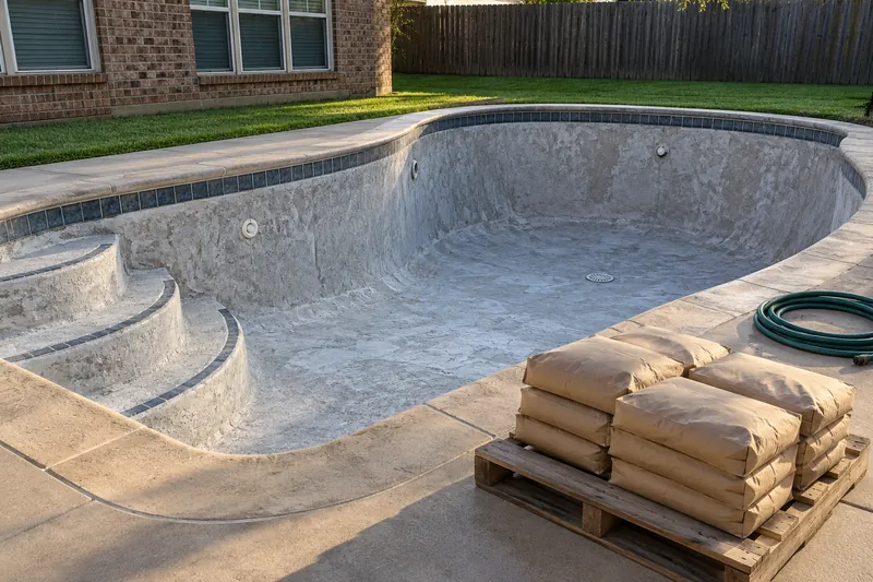 Bags of pebble finish material staged beside a drained pool