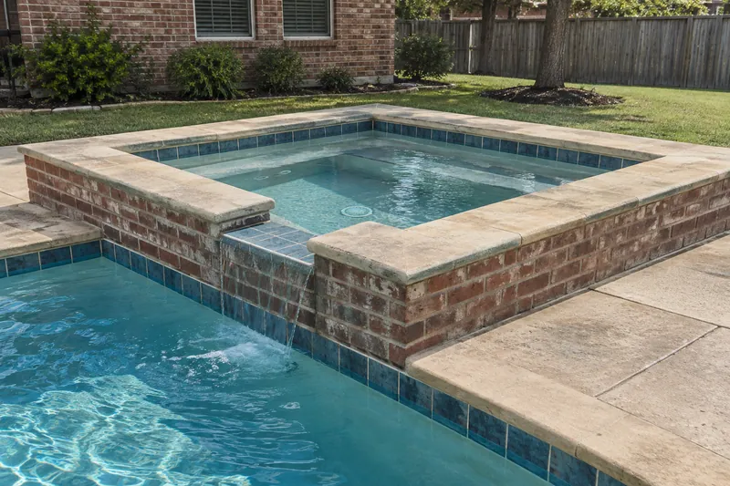Raised brick spa with a spillway into an existing backyard pool