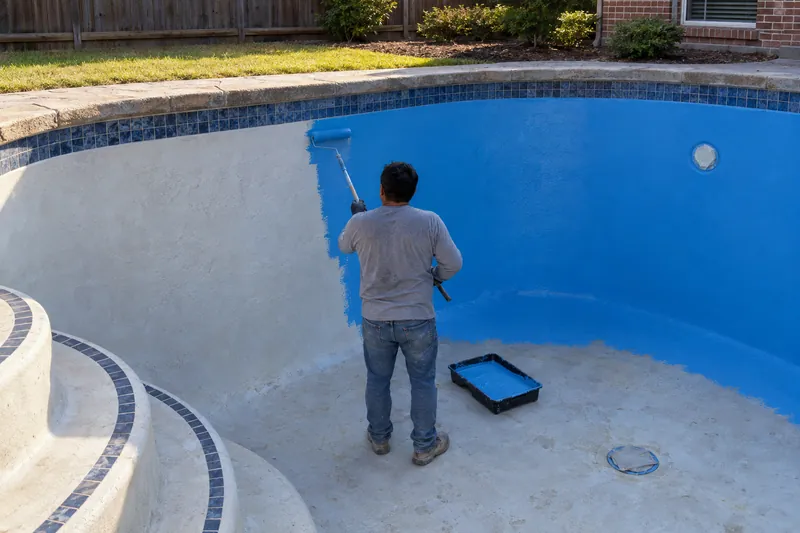 Blue epoxy pool paint being rolled onto a drained pool wall
