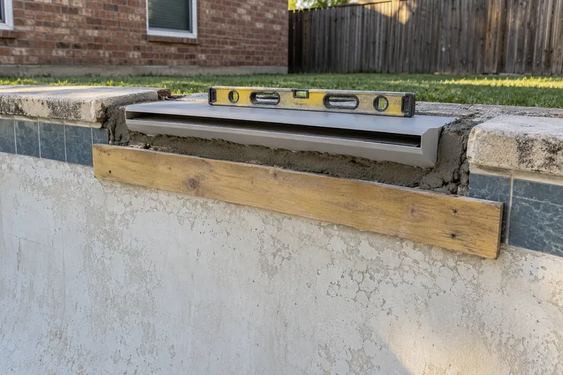 Sheer-descent waterfall unit set level in a notched bond beam