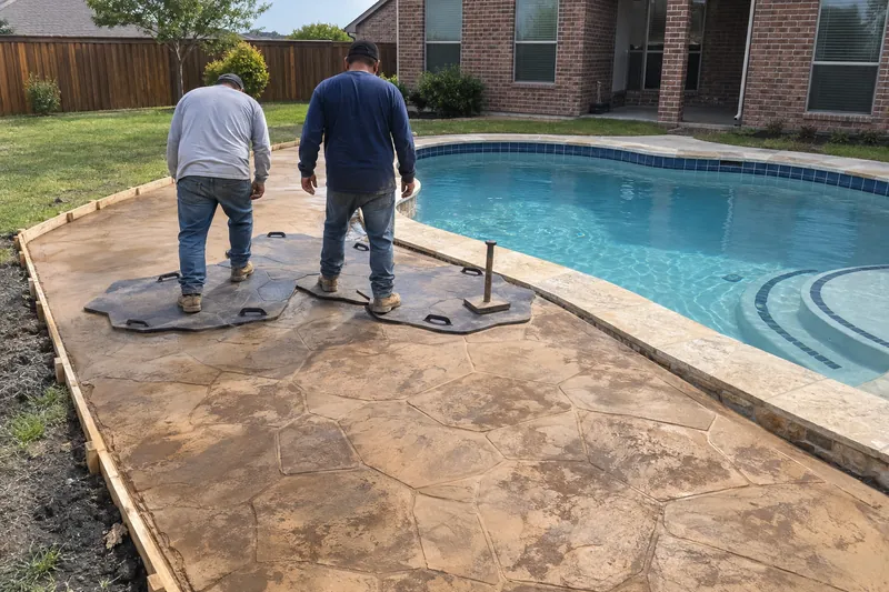 Stamp mats pressed into fresh concrete beside a pool