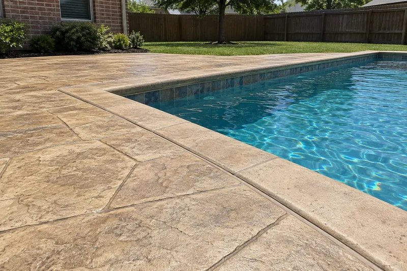 Tan stamped concrete pool deck in a stone pattern