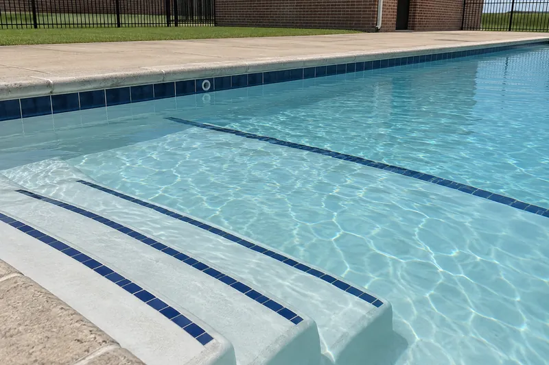 Dark tile stripes marking the step edges in a community pool