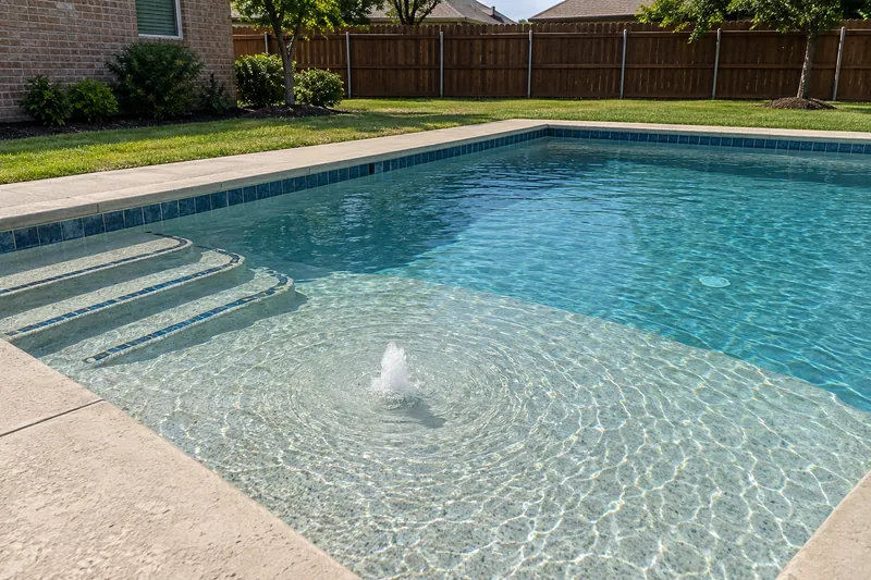 Shallow tanning ledge with a bubbler in a backyard pool
