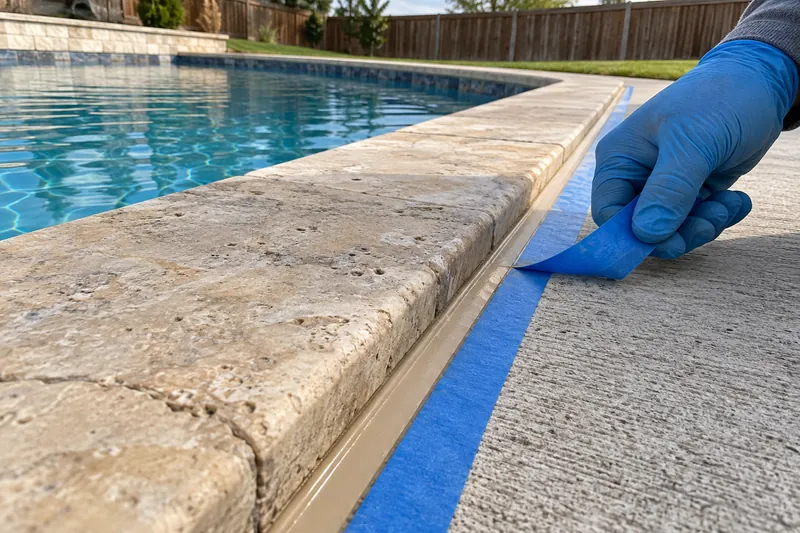 Masking tape peeled from a fresh sealant joint at the pool coping