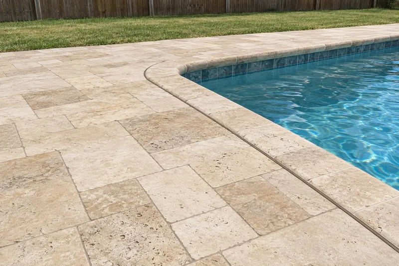 Tumbled travertine paver deck with a sealed joint at the pool coping