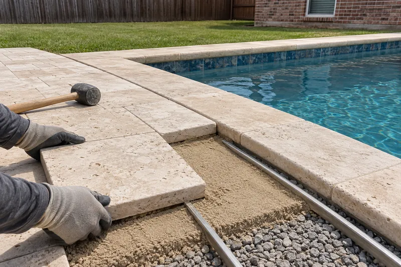 Travertine pavers laid on screeded bedding sand beside a pool
