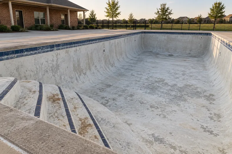 Worn, stained plaster in a drained community pool