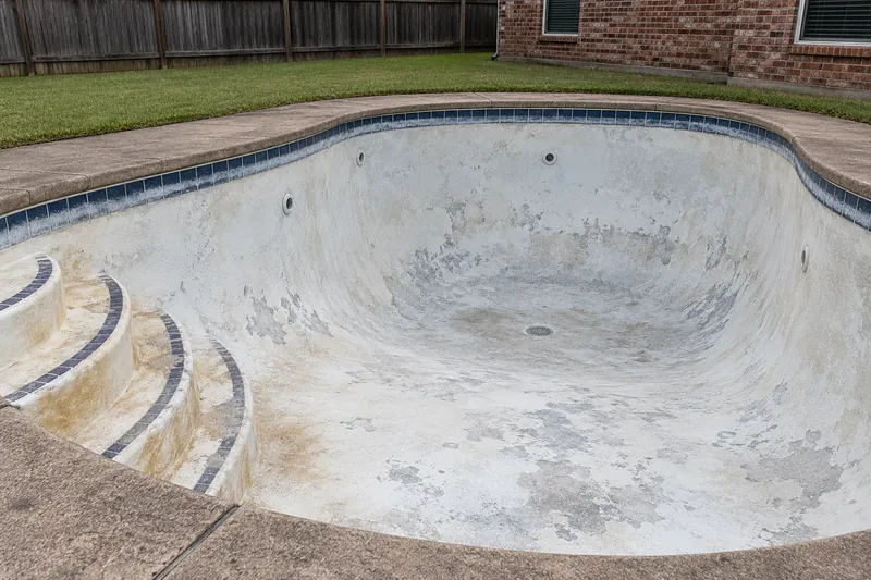 Worn, stained white plaster in an older drained pool
